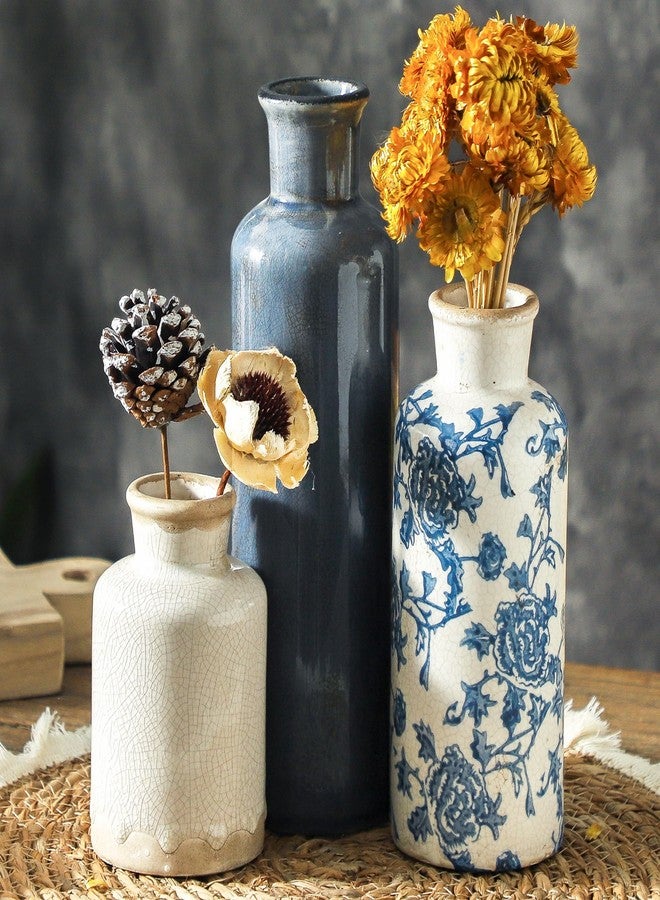 ooit Ceramic Vintage Vases Set of 3, Blue and White Flower Decorative Vase Chinoiserie Decor Rustic Farmhouse Retro Floral Vases for Table Bookshelf Mantel Kitchen Living Room Office - Image 1
